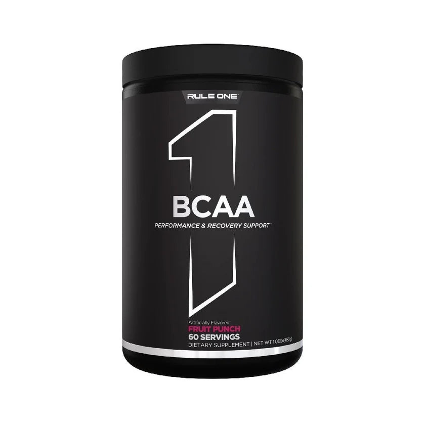Envase de Rule 1 BCAA sabor Fruit Punch, 60 servicios y 480 gramos