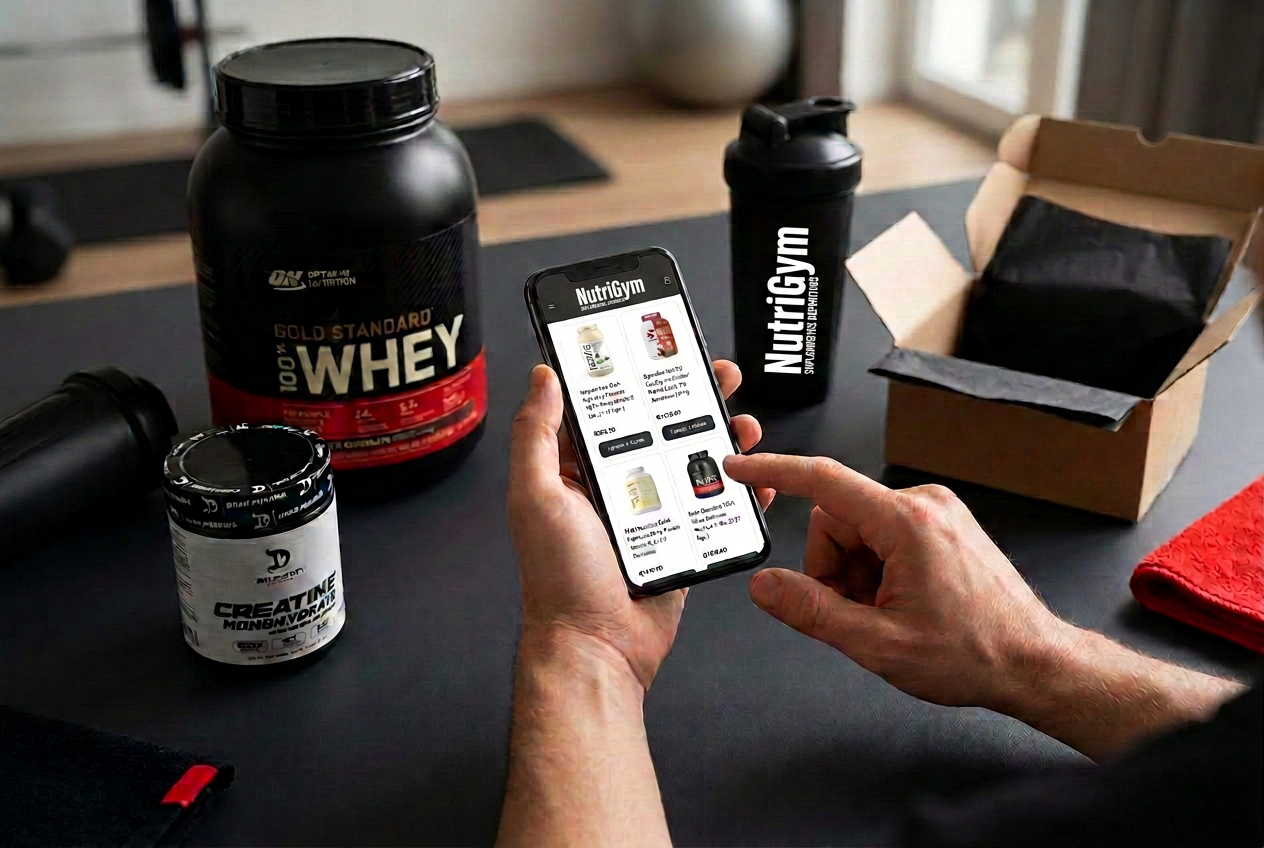 Catálogo de NutriGym en un celular junto a suplementos y un pachón con el logo de NutriGym.